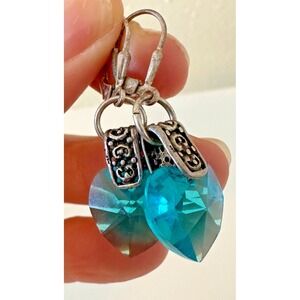 Sterling Silver Heart Earrings Aqua Blue Crystal Faceted 925 Hanging French Hook